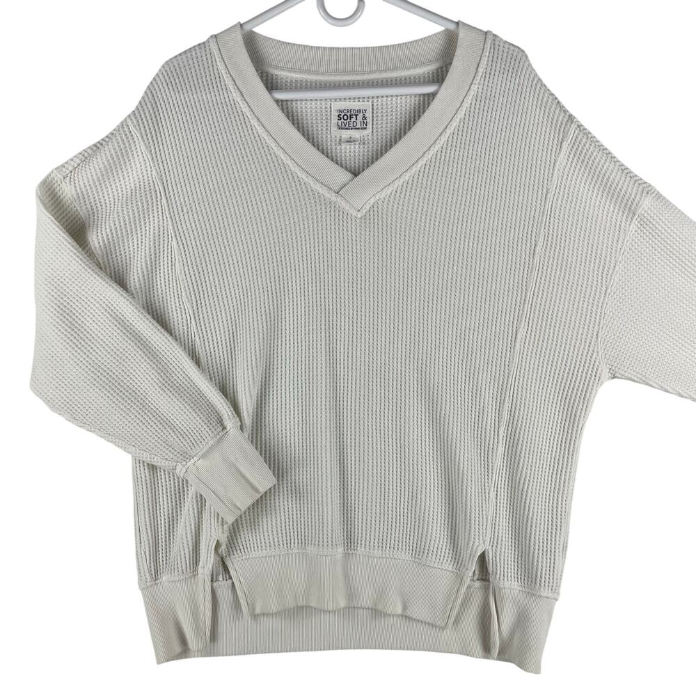 Pink Rose Womens Incredibly Soft Lived In Waffle Knit Top S White V-Neck Thermal